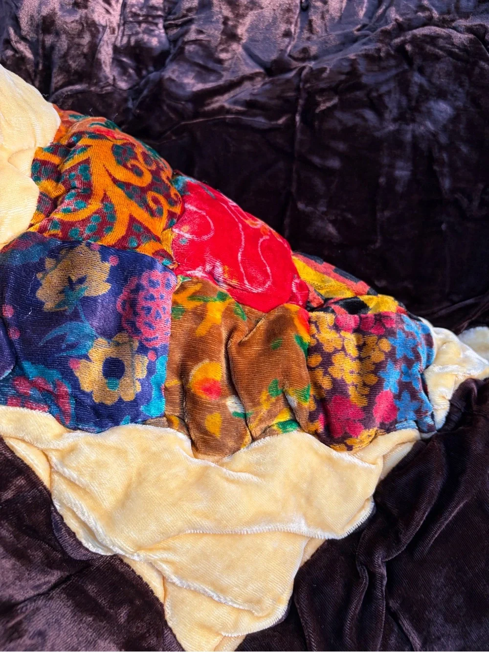 Vintage 70s 1970 patchwork quilted velvet velour quilt comforter blanket boho